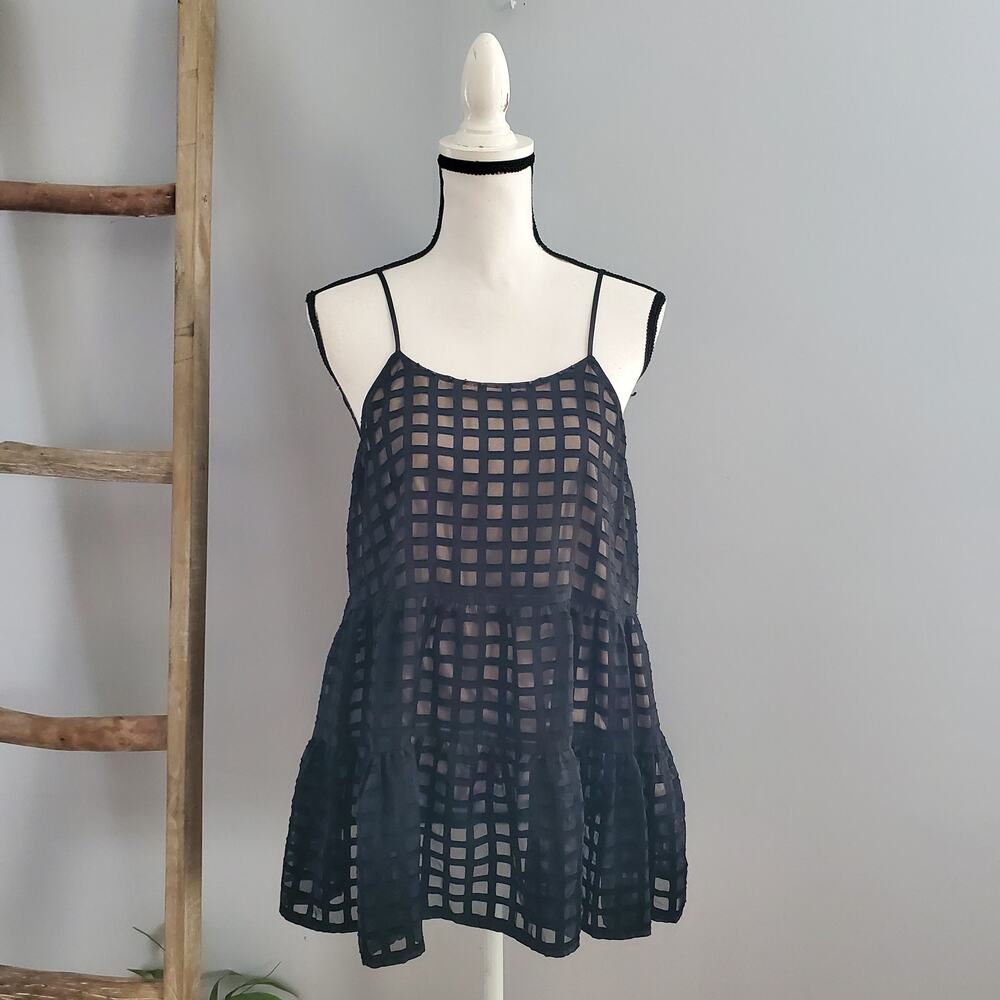 HD In Paris Black Sheer Oversized Spaghetti Strap Peplum Top Size M